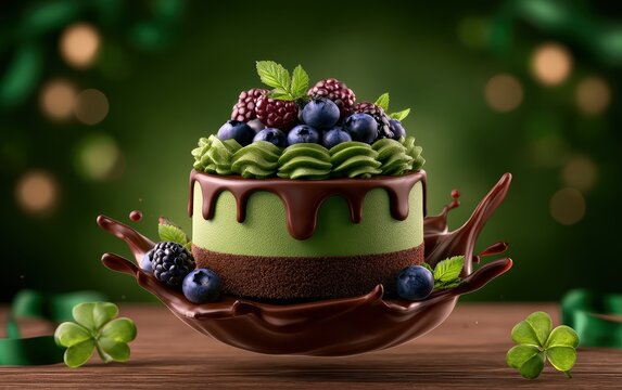 Delightful Chocolate Cake with Berries and Caramel Drizzle Celebrating St. Patricks Day