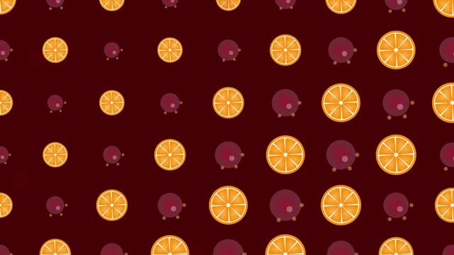 Sliced orange and pomegranate fruit pattern moving on red background