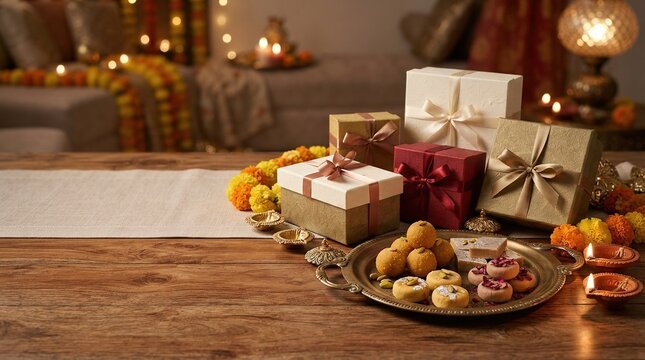 Festive diwali gift assortment featuring sweets and wrapped presents on wooden tray with decorative elements
