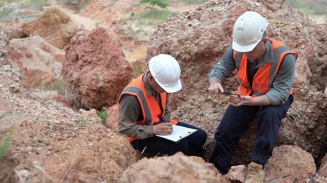 Construction engineers reviewing geological site