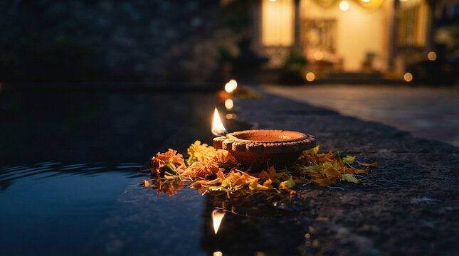Traditional diya lamp glowing beside reflective water surface during evening