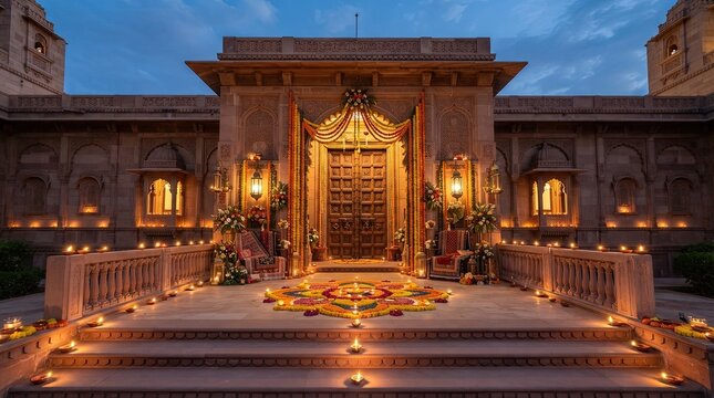 Grand palace entrance adorned with diwali lanterns and decorative lighting for evening celebration