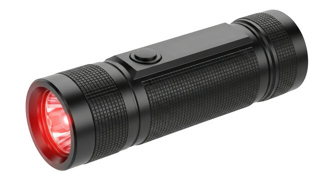 Black flashlight with red beam isolated on transparent background