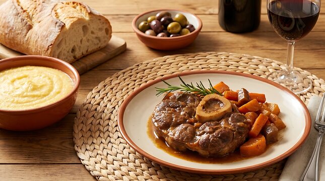 Delicious osso buco veal shank served with vegetables and red wine on a rustic wooden dining table. veal osso bucco