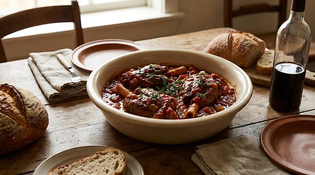 Delicious homemade beef stew served in a rustic ceramic bowl on a wooden dinner table with fresh bread. veal osso bucco