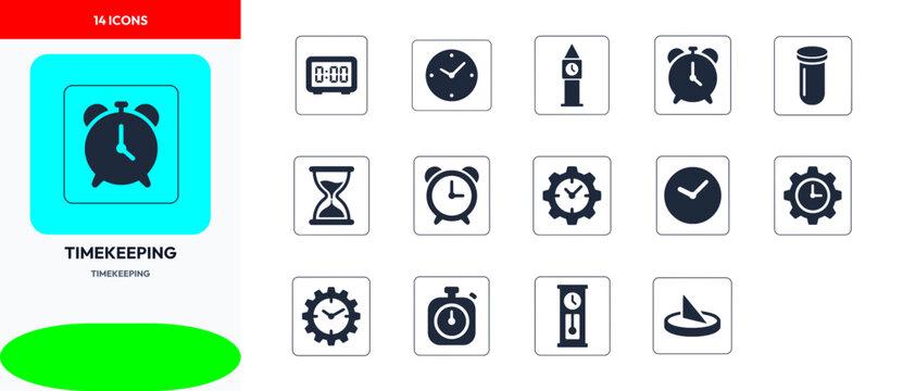 Timekeeping and clock vector set featuring alarm clock wall watch hourglass stopwatch and sundial collection