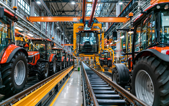 Conveyor line for manufacturing of agricultural machinery at industrial plant. Beam crane carries tractor or combine cab for assembly.