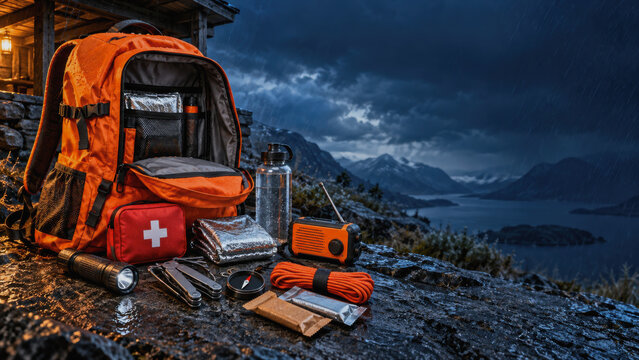 Emergency survival gear kit with orange backpack first aid kit radio and flashlight on wet rocks in mountains