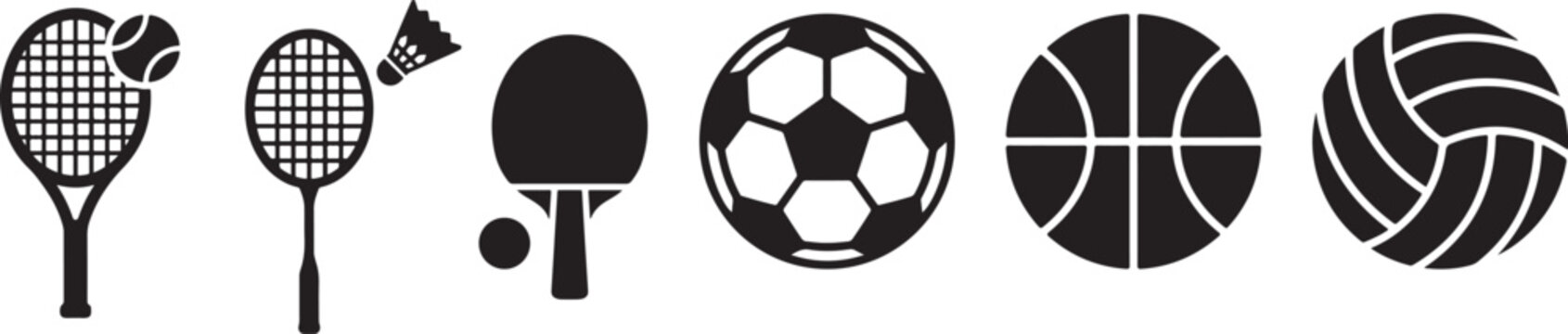 Collection of diverse sports equipment icons including tennis racket ball badminton shuttlecock table tennis equipment and balls for soccer basketball volleyball