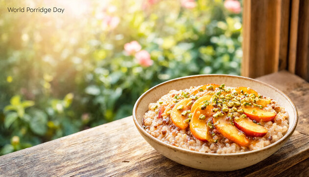 A ceramic bowl of oatmeal garnished with caramelized nectarine slices and crushed pistachios sits on a weathered wooden windowsill. A food concept for World Porridge Day.