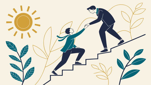 Business mentor helping colleague climb stairs toward success, illustrating support, leadership, teamwork, career growth, guidance and professional development