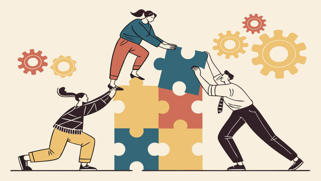 Teamwork concept with business people assembling colorful puzzle pieces together, illustrating collaboration, problem solving, partnership and shared success