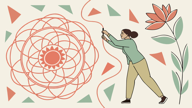 Woman untangling a complex abstract knot, illustrating problem solving, mental clarity, overcoming confusion, finding solutions and simplifying challenges