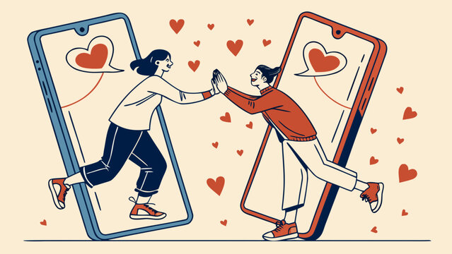 Online dating concept with romantic couple reaching through smartphone screens, illustrating virtual love, digital relationship, connection and communication