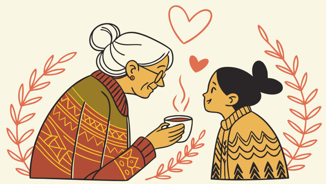 Grandmother and granddaughter sharing love and affection, illustrating family bond, generations, care, wisdom, respect and warm relationship