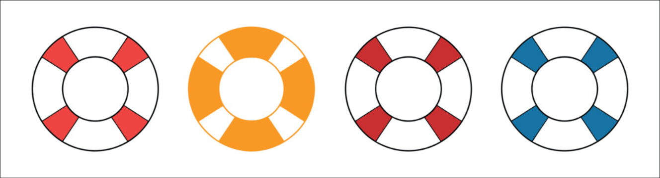 Lifebuoy icon set, nautical safety life preserver ring vector collection in solid, outline, and hand-drawn styles for maritime rescue