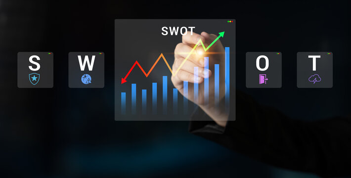 A hand highlights a digital SWOT analysis with growing graphs, showcasing strategic planning in business. Ideal for corporate presentations or educational content. Nascent