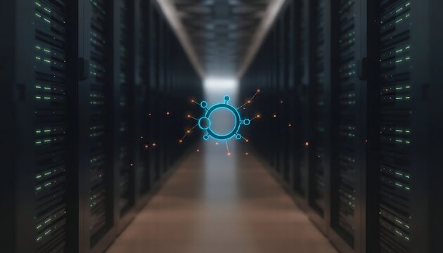 Data center. Server racks operate in a modern data center, providing cloud computing, AI processing, high-performance computing. 3D rendering