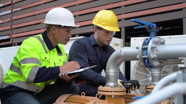 Two professional engineers inspecting industrial air conditioning system outside. Construction workers checking hvac maintenance with clipboard and toolbox at manufacturing factory site plant.