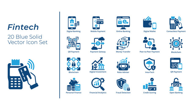 Fintech Icon Set, Digital Banking, Mobile Payment, Blockchain, Robo Adviser, InsurTech, Fraud Detection, Open Banking, Modern Flat Vector Icon Bundle
