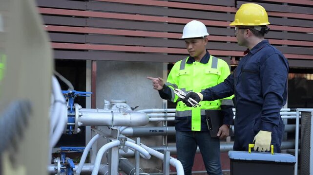 Two professional engineers inspecting industrial air conditioning system outside. Construction workers checking hvac maintenance with clipboard and toolbox at manufacturing factory site plant.
