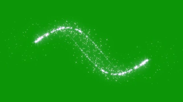White glowing glitter particle trail with magic sparkles and twinkle stars, glowing sparkle stars line animation, fairy dust shimmer line, sparkling star transition effect on green screen. 4k video