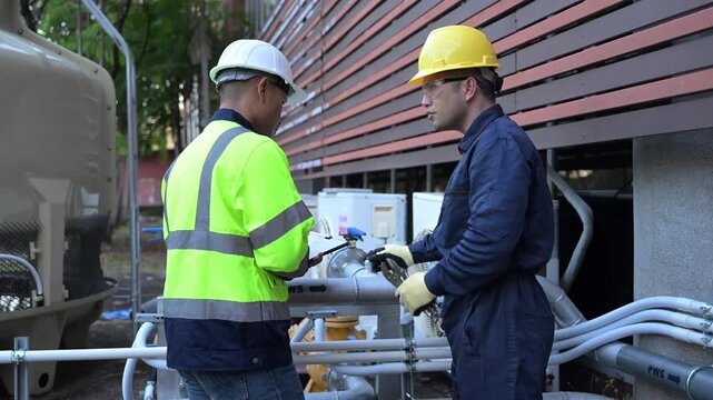 Two professional engineers inspecting industrial air conditioning system outside. Construction workers checking hvac maintenance with clipboard and toolbox at manufacturing factory site plant.