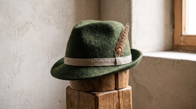 Green felt fedora hat with a feather detail resting on a rustic wooden stand in a bright room