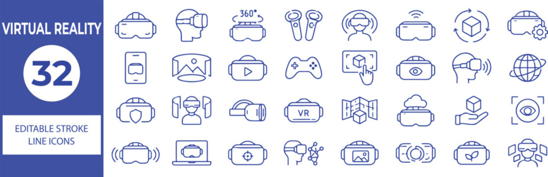 32 Virtual Reality Vector Outline Icons Set,VR Headset, Augmented Reality, Metaverse, Gaming, 360 Degree and Immersive Technology Line Symbols Collection