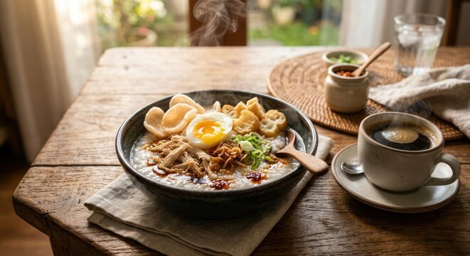 Delicious bowl of congee with a soft boiled egg and coffee on a wooden table.