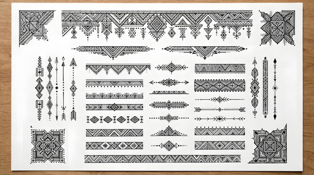 Set of traditional ethnic border designs and decorative corner elements in black ink on white paper