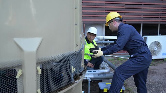 Two professional engineers inspecting industrial air conditioning system outside. Construction workers checking hvac maintenance with clipboard and toolbox at manufacturing factory site plant.