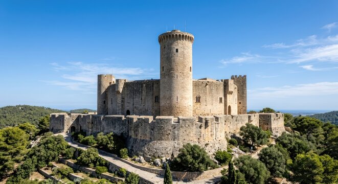 Majestic medieval castle perched on a hilltop under a clear blue sky.