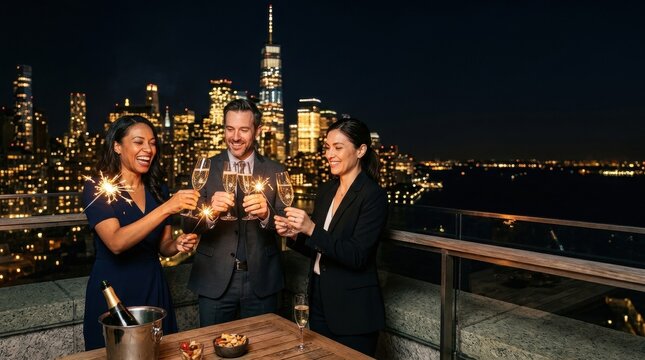 Joyful celebration gathering raising Festive midnight toast with spar during elegant anniversary dinner party