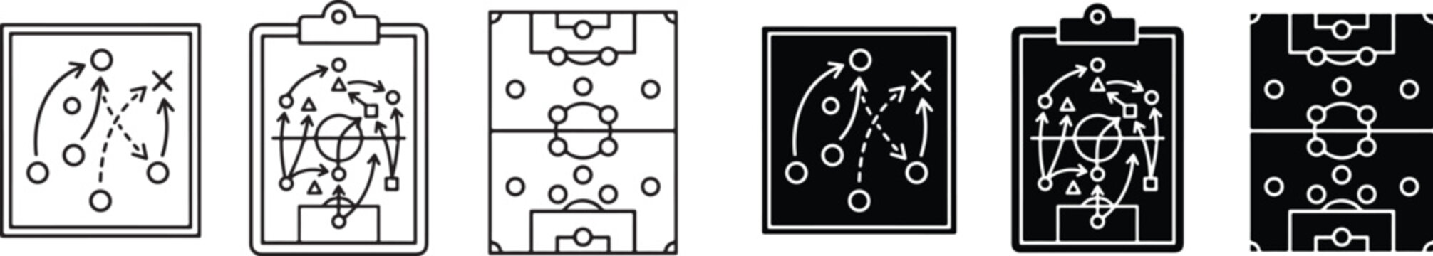 Set of soccer strategy boards and tactical diagrams for game planning isolated on transparent background