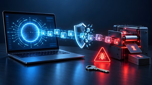 Cyberattack Concept with Malware Breaking Digital Shield on Laptop Displaying Padlock Icons and Red Warning Sign