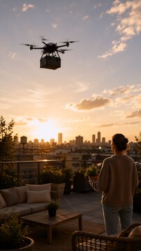 A person operates a drone carrying a delivery box above an urban rooftop with a city skyline in the background during a warm sunset.