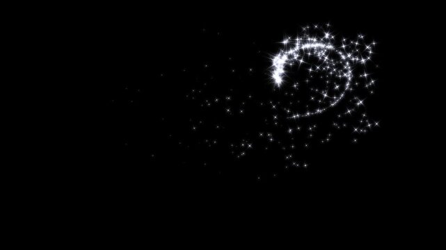 Twinkling glitter stars with glowing magic dust and sparkling fairy trails, fairy dust sparkle particles, white twinkling stars line, white glowing fairy sparkle line burst on black screen. 4k