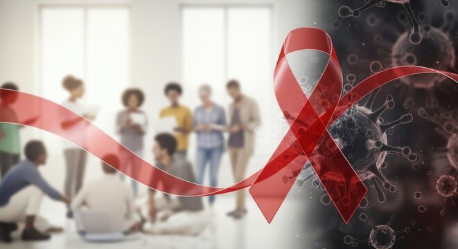 Pathogen awareness symbol: Human immunodeficiency, Acquired syndrome, disease prevention, medical ribbon, support group, HIV AIDS, social stigma, lethal virus, health care.