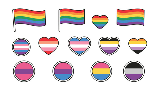 Collection of LGBTQ pride flags and sticker shapes in rainbow, trans, bisexual, asexual, and non-binary pride colors.