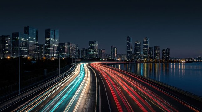 Kinetic night traffic illumination showcasing City traffic light trails expres across urban transit bridge and skyline