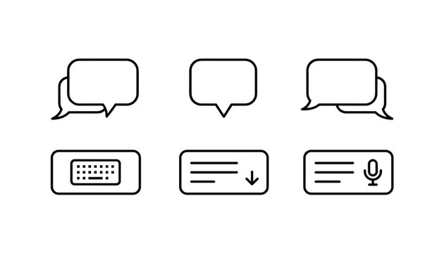 Digital communication outline icon set features texting bubbles, keyboard typing, message downloads, and voice recordings.