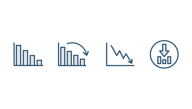 Financial loss and downward business trend icons showing four different versions of falling statistics charts.