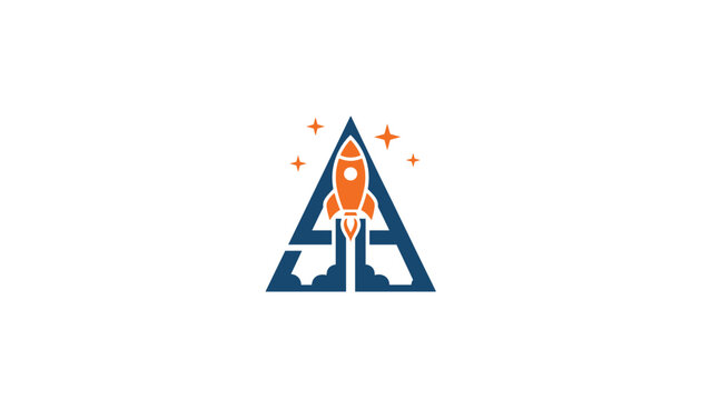 Creative abstract rocket launch logo design in a blue triangle shape decorated with orange stars and smoke.