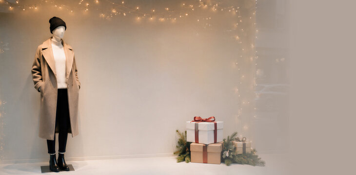 Mannequin in winter coat and beanie hat standing in shop window with gift boxes. Super Saturday, winter holidays shopping, big sale. Banner with copy space