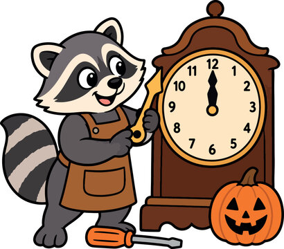 Halloween Raccoon Clockmaker Repairing Clock Vector