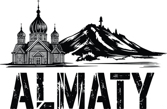 Almaty cityscape illustration with Ascension Cathedral and Kok Tobe hill black ink woodcut style print