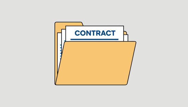 Yellow office file folder containing documents with a prominent contract paper sheet visible on a light grey background.