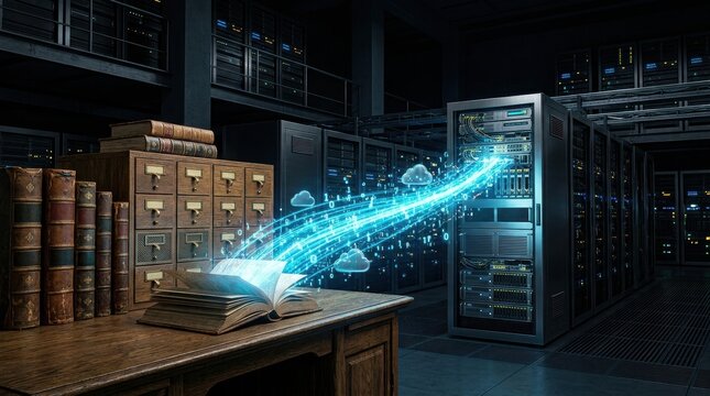 High-speed automated data processing featuring Ancient catalogs releasing digital data streams transmitting information through optical networks