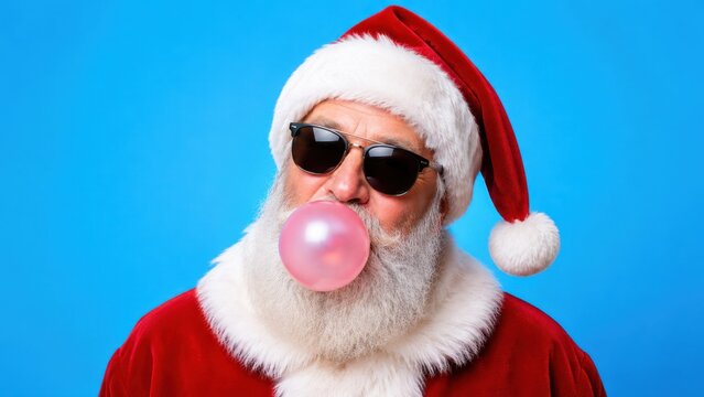 Santa Claus blowing bubblegum on blue background